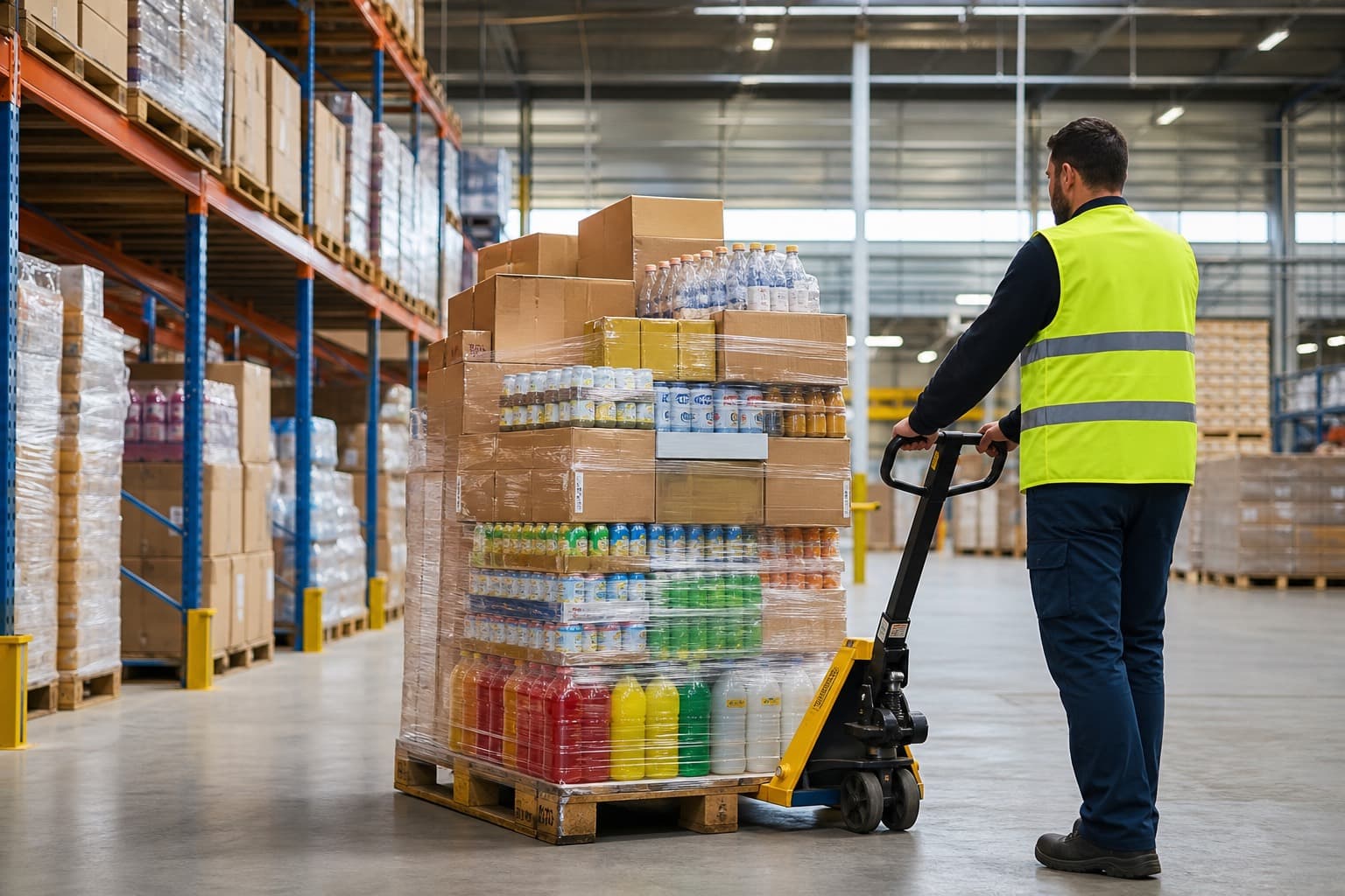 FMCG goods on pallets in a distribution warehouse
